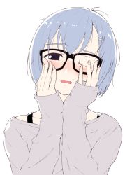 Rule 34 | 1girl, black-framed eyewear, black eyes, blue hair, blush, bra strap, commentary, fingernails, glasses, grey sweater, hands on own face, hands up, hi iro, messy hair, one eye closed, original, parted lips, short hair, simple background, sleepy, sleeves past wrists, solo, sweater, upper body, white background