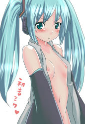 Rule 34 | 1girl, aqua hair, bad id, bad pixiv id, blush, breasts, detached sleeves, green eyes, hatsune miku, headphones, heart, long hair, looking at viewer, mashua, naked shirt, navel, nipples, open clothes, open shirt, shirt, simple background, small breasts, solo, twintails, vocaloid, white background