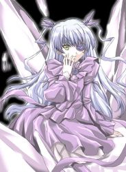 Rule 34 | 00s, 1girl, barasuishou, crystal, doll, dress, flower, flower eyepatch, hair ribbon, hand on own face, long sleeves, looking at viewer, lowres, midori (searchlight), parted lips, purple dress, ribbon, rose, rozen maiden, silver hair, sitting, solo, twintails, two side up, yellow eyes