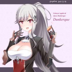 Rule 34 | 1girl, 2021, absurdres, artist name, azur lane, black gloves, braid, breastless clothes, breasts, brown jacket, character name, cleavage, cleavage cutout, clothing cutout, crown braid, dunkerque (azur lane), fleur-de-lis, food, framed breasts, gloves, hair ornament, hebitsukai-san, highres, holding, holding food, jacket, large breasts, long hair, looking at viewer, macaron, multicolored clothes, multicolored jacket, pink eyes, purple background, red gloves, red jacket, silver hair, simple background, solo, two-tone gloves, two-tone jacket, upper body