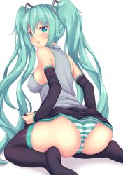 Rule 34 | 1girl, aqua eyes, aqua hair, ass, bare shoulders, blush, breasts, bridal gauntlets, from behind, hair ornament, hatsune miku, highres, huge ass, large breasts, long hair, looking at viewer, nottytiffy, open mouth, panties, shiny skin, sideboob, skirt, solo, striped clothes, striped panties, thighhighs, twintails, underwear, very long hair, vocaloid