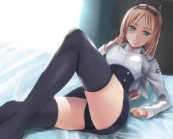 Rule 34 | 1girl, aqua eyes, bed sheet, black panties, black skirt, blonde hair, breasts, curtains, grey jacket, headgear, indoors, jacket, kantai collection, long hair, long sleeves, looking at viewer, lying, medium breasts, military, military uniform, nelson (kancolle), on bed, open clothes, open jacket, panties, parted lips, shirt, skirt, smile, solo, spread legs, thighhighs, underwear, uniform, white shirt, yotsuya (gs)