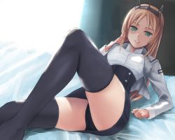 1girl aqua_eyes bed_sheet black_panties black_skirt blonde_hair breasts curtains female_focus grey_jacket headgear indoors jacket kantai_collection long_hair long_sleeves looking_at_viewer lying medium_breasts military military_uniform nelson_(kancolle) on_bed open_clothes open_jacket panties parted_lips shirt skirt smile solo spread_legs thighhighs underwear white_shirt yotsuya_(gs)