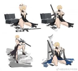 Rule 34 | 1girl, bare shoulders, black dress, blonde hair, blue dress, blue eyes, blush, breasts, bug, butterfly, character name, commentary request, copyright name, cuffs, dress, dress flower, earrings, girls&#039; frontline, gun, hair ornament, handcuffs, high heels, holding, holding weapon, insect, jewelry, large breasts, looking at viewer, medium hair, mole, mole under eye, nail polish, necklace, official art, open mouth, pink nails, rifle, seiza, siqi (miharuu), sitting, sketch, sniper rifle, snowflake hair ornament, solo, suppressor, vsk-94, vsk-94 (girls&#039; frontline), vsk-94 (night on the silver bay) (girls&#039; frontline), weapon, yellow footwear