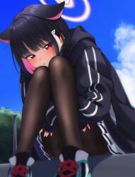 Rule 34 | 1girl, absurdres, black footwear, black hair, black jacket, black pantyhose, blue archive, blush, colored inner hair, day, hair ornament, hairclip, halo, highres, hugging own legs, jacket, kazusa (blue archive), knees up, legs, long sleeves, looking at viewer, multicolored hair, outdoors, pantyhose, parted lips, pink hair, pink halo, red eyes, shoes, shooot108, short hair, sitting, solo, thighband pantyhose