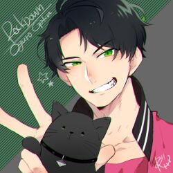 Rule 34 | 1boy, black cat, cat, character name, collar, green background, green eyes, green hair, grey background, looking at viewer, male focus, multicolored background, oguro gaku, ruigin, short hair, smile, solo, teeth, tsukino talent production, tsukipro, v