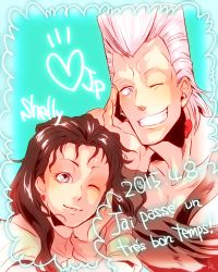 Rule 34 | 1boy, 1girl, blue eyes, brother and sister, brown hair, dated, earrings, french text, gradient background, grey hair, hand on own face, jean pierre polnareff, jewelry, jojo no kimyou na bouken, kamihitoe, no eyebrows, one eye closed, sherry polnareff, siblings, signature, smile
