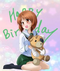 Rule 34 | 1girl, abimaru gup, absurdres, text background, bandages, bandaid, birthday, black neckerchief, black socks, blouse, boko (girls und panzer), brown eyes, brown hair, commentary, english text, full body, girls und panzer, green skirt, happy birthday, highres, holding, holding stuffed toy, long sleeves, looking to the side, miniskirt, multicolored background, neckerchief, nishizumi miho, no shoes, ooarai school uniform, open mouth, pleated skirt, sailor collar, school uniform, serafuku, shirt, short hair, sitting, skirt, smile, socks, solo, stuffed animal, stuffed toy, teddy bear, twitter username, wariza, white sailor collar, white shirt