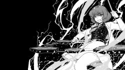 Rule 34 | 1girl, arm up, belt, black background, buttons, collared shirt, commentary request, cowboy shot, drum, drumsticks, greyscale, highres, holding, horikawa raiko, instrument, jacket, lightning, long sleeves, looking at viewer, monochrome, necktie, open clothes, open jacket, shirt, short hair, simple background, skirt, smile, solo, sunatoshi, taiko drum, touhou