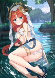 Rule 34 | 1girl, artist request, ass, bare shoulders, barefoot, blush, breasts, cameltoe, genshin impact, green eyes, highres, horns, long hair, looking at viewer, low twintails, nilou (genshin impact), panties, red hair, river, shiny skin, sitting, smile, solo, twintails, underwear, very long hair, water, yokozuwari
