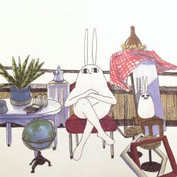 Rule 34 | &lt;o&gt; &lt;o&gt;, 1other, crossed legs, empty picture frame, full body, furry, globe, looking at viewer, on chair, original, own hands together, picture frame, plant, potted plant, rabbit, sitting, solo, stool, table, tablecloth, tokunaga aoi, traditional media, vase, white background