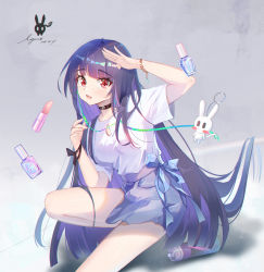 Rule 34 | 1girl, :d, absurdres, alternate costume, ayan (1593817922), black hair, blunt bangs, bracelet, choker, commentary request, contemporary, earphones, genshin impact, highres, jewelry, long hair, looking at viewer, open mouth, red eyes, short sleeves, sidelocks, smile, solo, squatting, waving, white background, yun jin (genshin impact)