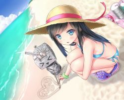 Rule 34 | &gt; &lt;, 10s, 1girl, :&gt;, alternate costume, asashio (kancolle), bare shoulders, beach, bikini, black hair, blue bikini, blue eyes, blue sky, blush, breasts, cloud, cloudy sky, commentary request, day, drum (container), closed eyes, gotou hisashi, hat, heart, kantai collection, hugging own legs, long hair, looking at viewer, ocean, outdoors, rensouhou-chan, sand, sandals, scrunchie, side-tie bikini bottom, sky, small breasts, smile, squatting, straw hat, swimsuit, turret, water, wrist scrunchie