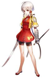 Rule 34 | 1girl, ahoge, bike shorts, full body, gauntlets, hair ornament, holding, holding sword, holding weapon, kfr, looking at viewer, original, red eyes, silver hair, simple background, solo, standing, sword, v-shaped eyebrows, weapon, white background
