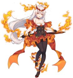 Rule 34 | 1girl, antennae, ark order, bare shoulders, black footwear, black gloves, black pantyhose, breasts, buttons, choker, crown, dango remi, double-breasted, dress, fiery horns, fire, full body, gloves, high heels, holding, holding sword, holding weapon, horns, jpeg artifacts, long hair, looking at viewer, low-tied long hair, off-shoulder dress, off shoulder, official art, orange eyes, pantyhose, red choker, red dress, sheath, sheathed, solo, surtr (ark order), sword, tachi-e, transparent background, weapon, white hair