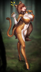 Rule 34 | 1girl, absurdres, animal ears, blush, bodysuit, breasts, brown hair, commission, covered erect nipples, covered navel, full body, glowing, glowing eyes, highres, large breasts, latex, latex bodysuit, long hair, looking at viewer, niur, original, parted lips, red eyes, second-party source, smile, solo, tail, teeth, tiger ears, tiger tail, tongue, tongue out, upper teeth only, very long hair