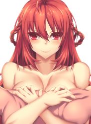 Rule 34 | 1girl, blush, breasts, cleavage, covering privates, covering breasts, elesis (elsword), elsword, fi-san, grand master (elsword), highres, large breasts, long hair, looking at viewer, nude, pillow, red eyes, red hair, solo, transparent background, upper body
