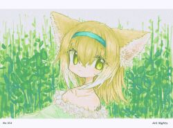 Rule 34 | 1girl, alternate hairstyle, animal ear fluff, animal ears, arknights, blonde hair, blue hairband, blush, border, copyright name, dress, eyelashes, fox ears, fox girl, grass, green dress, green eyes, hair between eyes, hair down, hairband, highres, long hair, looking at viewer, multicolored hair, off-shoulder dress, off shoulder, reitoubeef, solo, suzuran (arknights), upper body, white hair