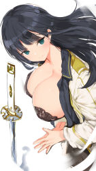 Rule 34 | 1girl, black bra, black hair, bra, breasts, breasts out, closed mouth, commentary request, green eyes, highres, hime cut, ikaruga (senran kagura), katana, lace, lace bra, large breasts, lingerie, long hair, long sleeves, looking at viewer, open clothes, open shirt, palms together, sailor collar, school uniform, senran kagura, simple background, solo, sword, tsurime, underwear, weapon, white background, yaegashi nan