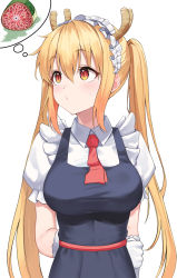 Rule 34 | 1girl, arm at side, arm behind back, black dress, blonde hair, blush, breasts, closed mouth, collared shirt, commentary, cowboy shot, dragon girl, dragon horns, dragon tail, dress, food, gloves, highres, horns, kobayashi-san chi no maidragon, large breasts, long hair, maid, maid headdress, meat, michelan, necktie, pouty lips, puffy short sleeves, puffy sleeves, red eyes, red necktie, shirt, short sleeves, sleeveless, sleeveless dress, solo, sweatdrop, tail, thought bubble, tohru (maidragon), twintails