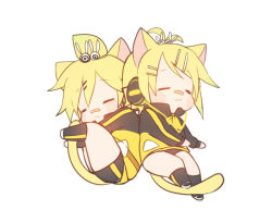 Rule 34 | 1boy, 1girl, :3, animal ears, antenna hair, bad id, bad pixiv id, bandaid, bandaid on face, bandaid on nose, blonde hair, blush, brother and sister, cable, cat ears, cat tail, chibi, eyebrows, closed eyes, gym uniform, hair ornament, hairclip, headphones, iruyu, jacket, kagamine len, kagamine rin, kemonomimi mode, kneehighs, long sleeves, project diva (series), short hair, shorts, siblings, simple background, sleeping, socks, tail, track jacket, track suit, twins, vocaloid, white background