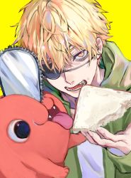 Rule 34 | 1girl, absurdres, ancoo mm, blonde hair, bread, bread slice, chainsaw, chainsaw man, denji (chainsaw man), eyepatch, fangs, food, giving, highres, hood, hoodie, jacket, looking at food, looking at viewer, pochita (chainsaw man), sharp teeth, short hair, simple background, teeth, tongue, tongue out, yellow background, yellow eyes
