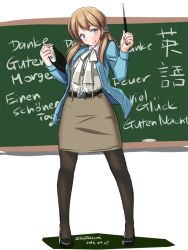 Rule 34 | 10s, 1girl, 2016, alternate costume, belt, black footwear, black pantyhose, blonde hair, blue eyes, blue jacket, blush, book, bow, chalkboard, closed mouth, collared shirt, cosplay, dated, dress shirt, ellen baker, ellen baker (cosplay), full body, german text, hair over shoulder, holding, holding book, jacket, kantai collection, legs apart, long hair, long sleeves, looking at viewer, low twintails, new horizon, no headwear, pantyhose, pencil skirt, prinz eugen (kancolle), shirt, shoes, signature, simple background, sketch, skirt, smile, solo, standing, tatsumi ray, twintails, twitter username, white background, white bow
