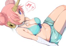 Rule 34 | 1girl, bandaged arm, bandages, bikini, blue bikini, blue eyes, breasts, cleavage, double bun, fate/apocrypha, fate/grand order, fate (series), frankenstein&#039;s monster (fate), frankenstein&#039;s monster (swimsuit saber) (fate), frankenstein&#039;s monster (swimsuit saber) (second ascension) (fate), hair bun, hair over one eye, horns, large breasts, p answer, pink hair, shorts, simple background, single horn, sitting, solo, swimsuit, white background