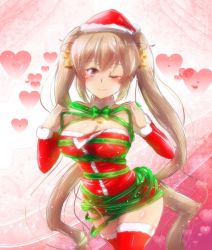 Rule 34 | 10s, 1girl, bare shoulders, bell, blush, breasts, christmas, cleavage, closed mouth, cowboy shot, detached collar, detached sleeves, dress, fur trim, green ribbon, hair bell, hair ornament, hat, heart, kantai collection, light brown hair, long hair, looking at viewer, murasame (kancolle), one eye closed, pom pom (clothes), red dress, red hat, ribbon, rpg-exen, santa costume, santa hat, smile, solo, thighhighs, twintails, very long hair