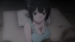 1girl anime_screenshot bed_sheet black_hair blue_eyes breasts cleavage dungeon_ni_deai_wo_motomeru_no_wa_machigatteiru_darou_ka green_tank_top hair_bun hestia_(danmachi) highres large_breasts long_hair mattress pillow solo tank_top tent