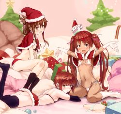 Rule 34 | 10s, 3girls, :d, alternate costume, ass, bare shoulders, bauble, black bra, black gloves, black panties, black socks, blunt bangs, blush, box, bra, breasts, brown hair, candy, candy cane, capelet, christmas, christmas ornaments, christmas tree, dark-skinned female, dark skin, fang, folded ponytail, food, fur trim, gift, gift box, gloves, groin, hair ornament, hair ribbon, hat, inazuma (kancolle), indoors, kantai collection, kneehighs, kuzu (miduhana), libeccio (kancolle), long hair, looking at viewer, lying, miniskirt, multiple girls, navel, no shoes, on stomach, open mouth, outstretched arms, panties, pantyshot, pillow, pom pom (clothes), red hair, red hat, red skirt, ribbon, santa costume, santa hat, short hair, sitting, skirt, small breasts, smile, socks, spread arms, star (symbol), stomach, twintails, underwear, very long hair, wariza, white bra, white gloves, white legwear, white panties, yellow eyes, z3 max schultz (kancolle)