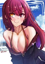Rule 34 | 021 shiro, 1girl, absurdres, bikini, blush, breasts, bright pupils, cleavage, closed mouth, collarbone, earrings, hair down, heart, heart earrings, heart necklace, highres, hololive, houshou marine, houshou marine (summer), jewelry, large breasts, long hair, looking at viewer, necklace, red bikini, red eyes, red hair, smile, swimsuit, virtual youtuber, white pupils, yellow eyes