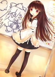 Rule 34 | 1girl, apron, black hair, black thighhighs, detached sleeves, drawing, dutch angle, female focus, houraisan kaguya, indoors, ivy1993, kneepits, long hair, red eyes, solo, standing, thighhighs, touhou, whiteboard, working!!, yamada aoi