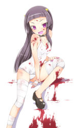 Rule 34 | 1girl, bandages, bandaid, bare shoulders, black hair, blood, blood on breasts, blood on face, blush, choker, fang, flat chest, highres, horns, kami nomi zo shiru sekai, long hair, lune (kaminomi), mary janes, nail polish, no socks, one-piece swimsuit, purple eyes, school swimsuit, shoes, solo, swimsuit, white school swimsuit, white one-piece swimsuit, yandere, yuto (dialique)