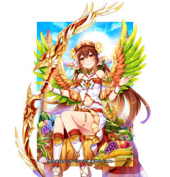 Rule 34 | 1girl, blue sky, blush, bow (weapon), brown eyes, brown hair, center opening, dress, halterneck, hip armor, hoshi no rebellion, long hair, looking at viewer, navel, official art, ririkuto, sitting, sky, smile, solo, thighlet, weapon, wings, wrist cuffs