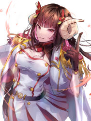 Rule 34 | 1girl, azur lane, breasts, brown hair, buttons, cleavage, cleavage cutout, clothing cutout, coat, coat on shoulders, curled horns, double-breasted, dress, epaulettes, horns, large breasts, long hair, looking at viewer, moji (mojimozis), purple eyes, short dress, simple background, solo, suruga (azur lane), white background, white coat, white dress