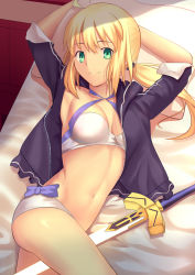 Rule 34 | 1girl, ahoge, arm behind head, armpits, arms up, artoria pendragon (all), artoria pendragon (fate), artoria pendragon (swimsuit archer) (fate), artoria pendragon (swimsuit archer) (first ascension) (fate), bad id, bad pixiv id, bed, bed sheet, besmiled, between legs, bikini, black jacket, blonde hair, blue bow, bow, breasts, cleavage, closed mouth, commentary request, cowboy shot, criss-cross halter, fate/grand order, fate (series), green eyes, halterneck, highres, indoors, jacket, long hair, looking at viewer, low ponytail, medium breasts, navel, on bed, open clothes, open jacket, pillow, revision, saber (fate), smile, solo, stomach, sunlight, swimsuit, sword, thighs, unsheathed, unzipped, weapon, white bikini