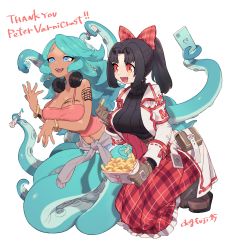 Rule 34 | 2girls, :d, absurdres, arm tattoo, armband, black hair, black sweater, blue eyes, blue hair, blue nails, borrowed character, bow, bracelet, breasts, cellphone, clothes around waist, commission, dark-skinned female, dark skin, female focus, food, french fries, gloves, headphones, headphones around neck, highres, holding, holding food, holding phone, inu fuji, jacket, jacket around waist, jewelry, large breasts, long hair, long skirt, midriff, monster girl, multiple girls, nail polish, nail polish bottle, navel piercing, open mouth, orange eyes, original, parted bangs, phone, piercing, plaid, plaid bow, plaid skirt, ribbed sweater, scylla, simple background, skirt, smartphone, smile, suction cups, sweater, tattoo, turtleneck, turtleneck sweater, white armband, white background