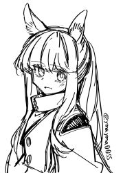 Rule 34 | 1girl, animal ears, arknights, greyscale, highres, horse ears, horse girl, jacket, long hair, long sleeves, looking at viewer, monochrome, open mouth, platinum (arknights), ponytail, simple background, sketch, smile, solo, twitter username, white background, yom (ymayma00ss)