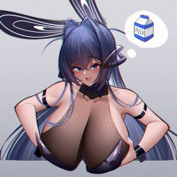 Rule 34 | 1girl, animal ears, arm strap, azur lane, black legwear, black leotard, blue nails, blush, bodystocking, breasts, cleavage, collarbone, covered collarbone, fake animal ears, grabbing own breast, hair intakes, highres, huge breasts, leotard, looking at viewer, milk carton, nail polish, new jersey (azur lane), new jersey (exhilarating steps!) (azur lane), official alternate costume, open mouth, playboy bunny, rabbit ears, see-through, see-through cleavage, sexually suggestive, smile, solo, thighs, thought bubble, tousang