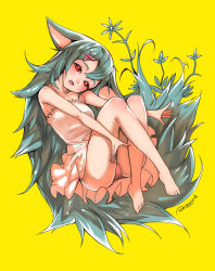 Rule 34 | 1girl, aku maborosi, akuman, animal ears, aqua hair, bare arms, bare legs, bare shoulders, barefoot, blush, breasts, child, dress, fang, flower, frilled dress, frills, full body, furry, furry female, hair ornament, hairclip, highres, crossed legs, long hair, looking at viewer, open mouth, original, panties, pointy ears, pointy hair, red eyes, short dress, simple background, sitting, sleeveless, sleeveless dress, small breasts, smile, solo, underwear, white dress, yellow background