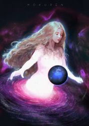 Rule 34 | absurdres, bad id, bad pixiv id, blonde hair, character name, closed eyes, closed mouth, earth (planet), facial mark, forehead mark, highres, long hair, mokuren, outstretched arms, planet, please save my earth, space, vijoux, wavy hair