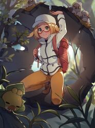 Rule 34 | 1girl, absurdres, alternate costume, arm support, backpack, bag, bianca (pokemon), blonde hair, brown footwear, closed eyes, commission, creatures (company), game freak, gen 5 pokemon, glasses, grass, green eyes, highres, looking at viewer, nature, nest, nifffi, nintendo, pidove, pokemon, pokemon (creature), pokemon bw2, sewaddle, white headwear