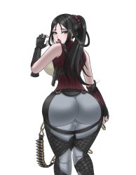 Rule 34 | 1girl, aassddff, ass, backboob, black hair, breasts, cameltoe, fingerless gloves, from behind, gloves, green eyes, highres, huge ass, huge breasts, kai schren, long hair, looking at viewer, looking back, open mouth, pants, senjou no valkyria (series), senjou no valkyria 4, sideboob, solo, thick thighs, thighs, tight clothes, tight pants, tongue, tongue out