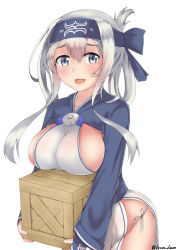 Rule 34 | 10s, 1girl, ainu, ainu clothes, bandana, blue eyes, breast rest, breasts, carried breast rest, carrying, commentary request, crate, cropped jacket, dress, folded ponytail, headband, highres, kamoi (kancolle), kantai collection, large breasts, long hair, long sleeves, looking at viewer, open mouth, rokosu (isibasi403), sideboob, sidelocks, simple background, sleeveless, sleeveless dress, solo, thick eyebrows, white background, white dress, white hair