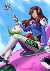 Rule 34 | 1girl, animal print, artist name, blue sky, bodysuit, bottle, bracer, breasts, brown eyes, brown hair, cellphone, clothes writing, cloud, d.va (overwatch), day, doritos, facepaint, facial mark, gloves, halo, headphones, high collar, high ponytail, holding, holding phone, holding weapon, image sample, joycelyn ong, lips, long hair, looking at viewer, matching hair/eyes, mecha, mechanical halo, medium breasts, meka (overwatch), mountain dew, nose, outdoors, overwatch, overwatch 1, pachimari, phone, pilot suit, rabbit print, ribbed bodysuit, robot, shoulder pads, signature, sitting, sitting on object, skin tight, sky, smartphone, solo, stuffed animal, stuffed octopus, stuffed toy, swept bangs, visor, watermark, weapon, web address, whisker markings, white gloves