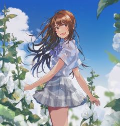 Rule 34 | 1girl, blue bow, blue bowtie, blue skirt, blue sky, blush, bow, bowtie, brown eyes, brown hair, character request, cloud, copyright request, dress shirt, flower, fly (marguerite), highres, long hair, looking back, open mouth, outdoors, plaid, plaid bow, plaid bowtie, plaid skirt, plant, pleated skirt, school uniform, shirt, short sleeves, skirt, sky, smile, solo, standing, white flower, white shirt
