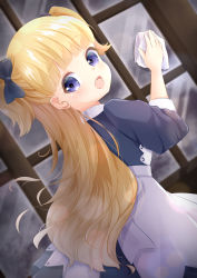 Rule 34 | 1girl, :d, absurdres, apron, black bow, black dress, blonde hair, blue eyes, bow, commentary request, dress, dutch angle, emilico (shadows house), from behind, hair bow, highres, inahori, long hair, long sleeves, looking at viewer, looking back, open mouth, puffy long sleeves, puffy sleeves, shadows house, smile, solo, two side up, very long hair, waist apron, white apron, window