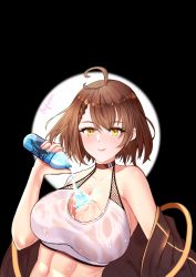Rule 34 | 1girl, abs, absurdres, ahoge, azur lane, baltimore (azur lane), baltimore (black ace) (azur lane), bare shoulders, black background, black jacket, bottle, braid, breasts, brown hair, cleavage, closed mouth, highres, jacket, large breasts, looking at viewer, off shoulder, pouring, pouring onto self, renfura, see-through, see-through sports bra, short hair, side braid, smile, sports bra, sportswear, sweat, tennis uniform, water, water bottle, white sports bra