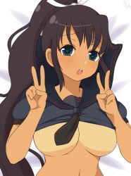 Rule 34 | 10s, 1girl, black hair, blue eyes, blush, breasts, chestnut mouth, double v, eyebrows, heart, heart-shaped pupils, homura (senran kagura), large breasts, long hair, looking at viewer, open mouth, ponytail, school uniform, senran kagura, solo, symbol-shaped pupils, teeth, underboob, v